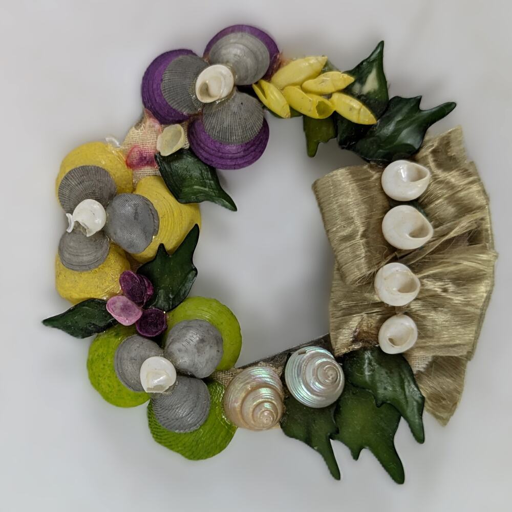 Vintage Seashell Floral Wreath Brooch Pin Coastal Nautical Handmade 2.5” Easter